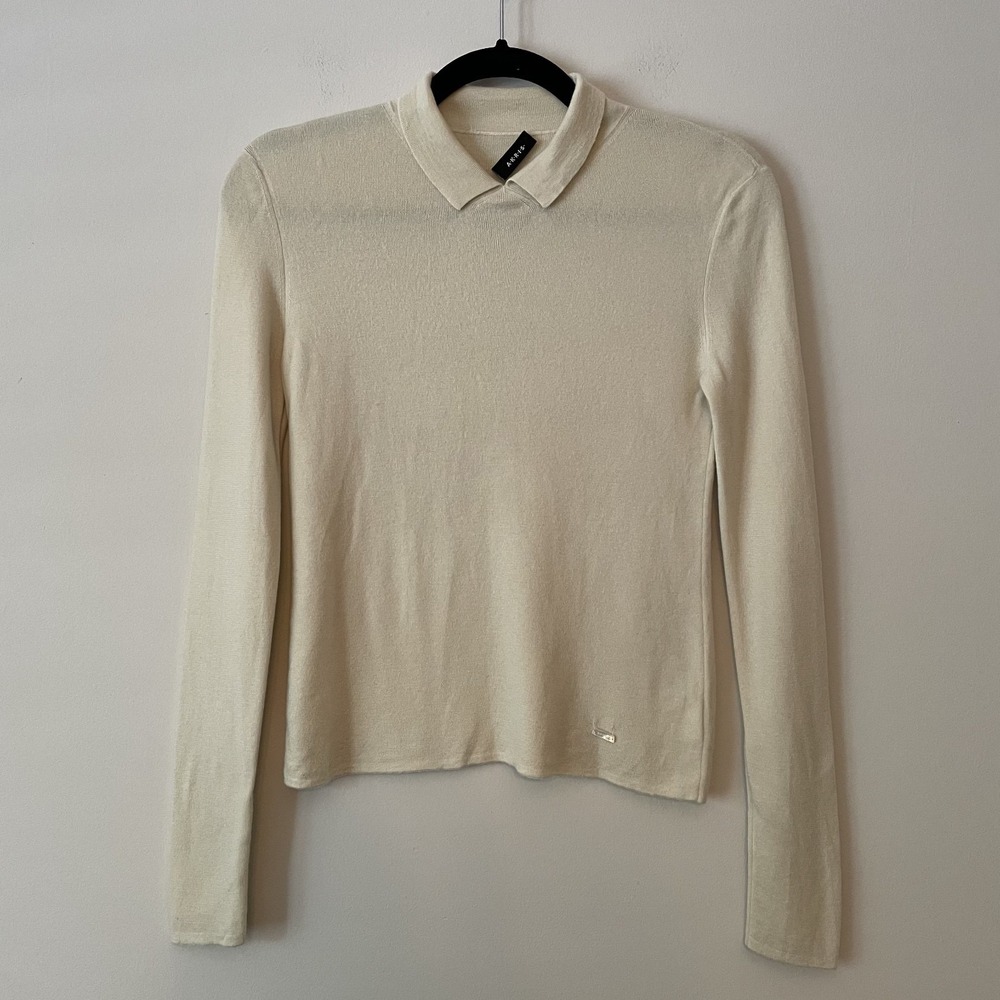 Akris Cashmere Silk Sweater Ivory US 4 Peter Pan Collar Minimalist Quiet Luxury